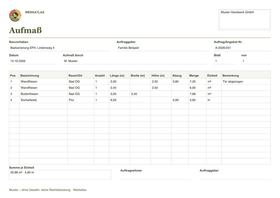 Aufmaßblatt-Vorlage, ausgefülltes Beispiel