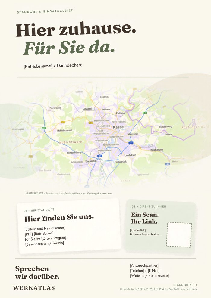 Dachdeckerei-Mappe, Seite 4: Standort & Einsatzgebiet